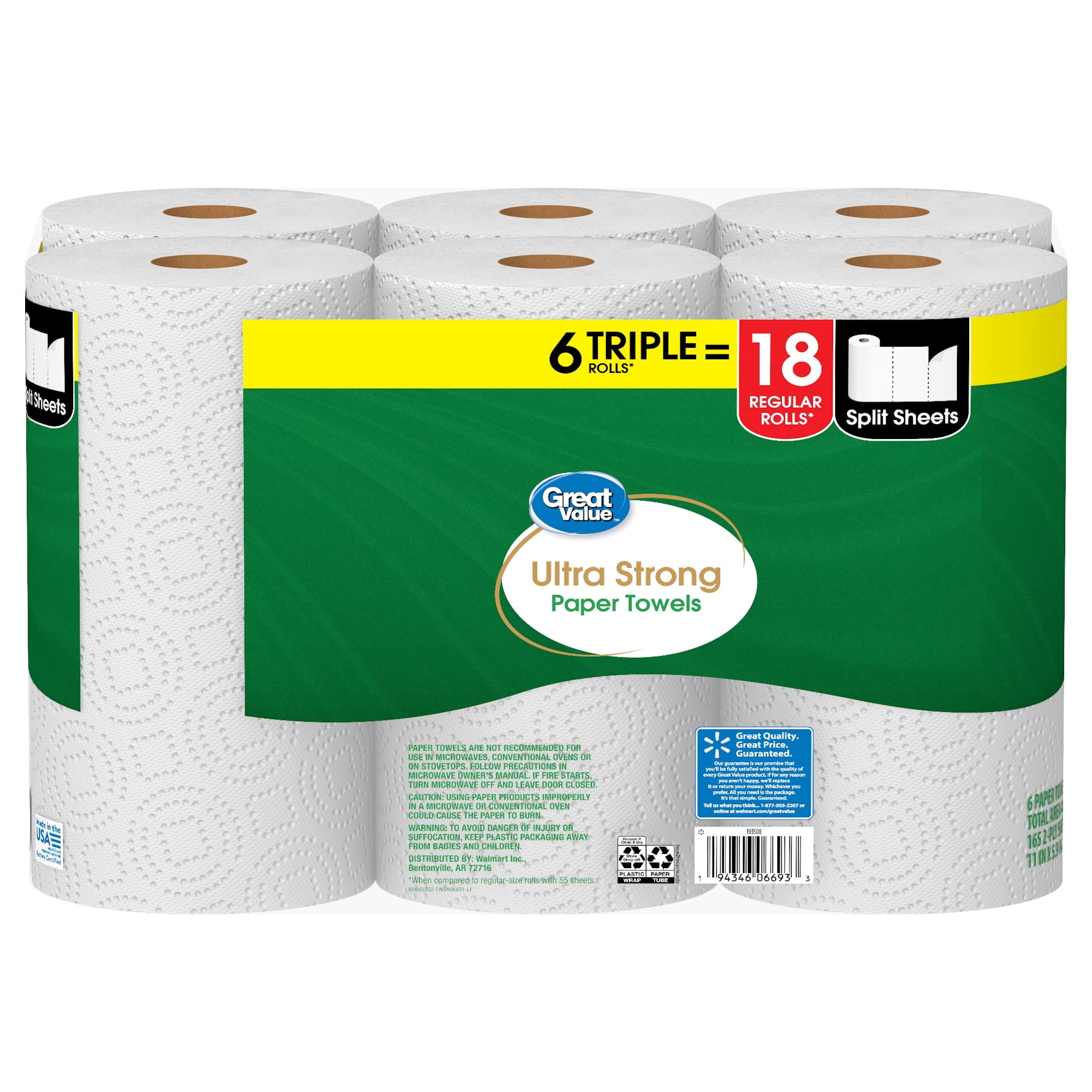 Great Value Ultra Strong Paper Towels, 6 Triple Rolls