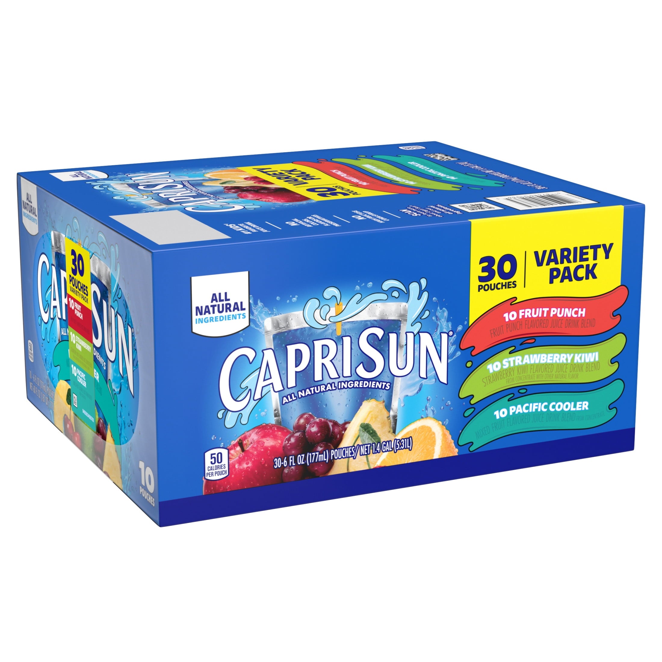 Capri Sun Flavored with Other Natural Flavor Juice Drink Blend, 30 Pouches, for School Lunches and On-the-Go Hydration, Fruit Punch, Strawberry Kiwi & Pacific Cooler, All Natural Ingredients, 6 fl oz
