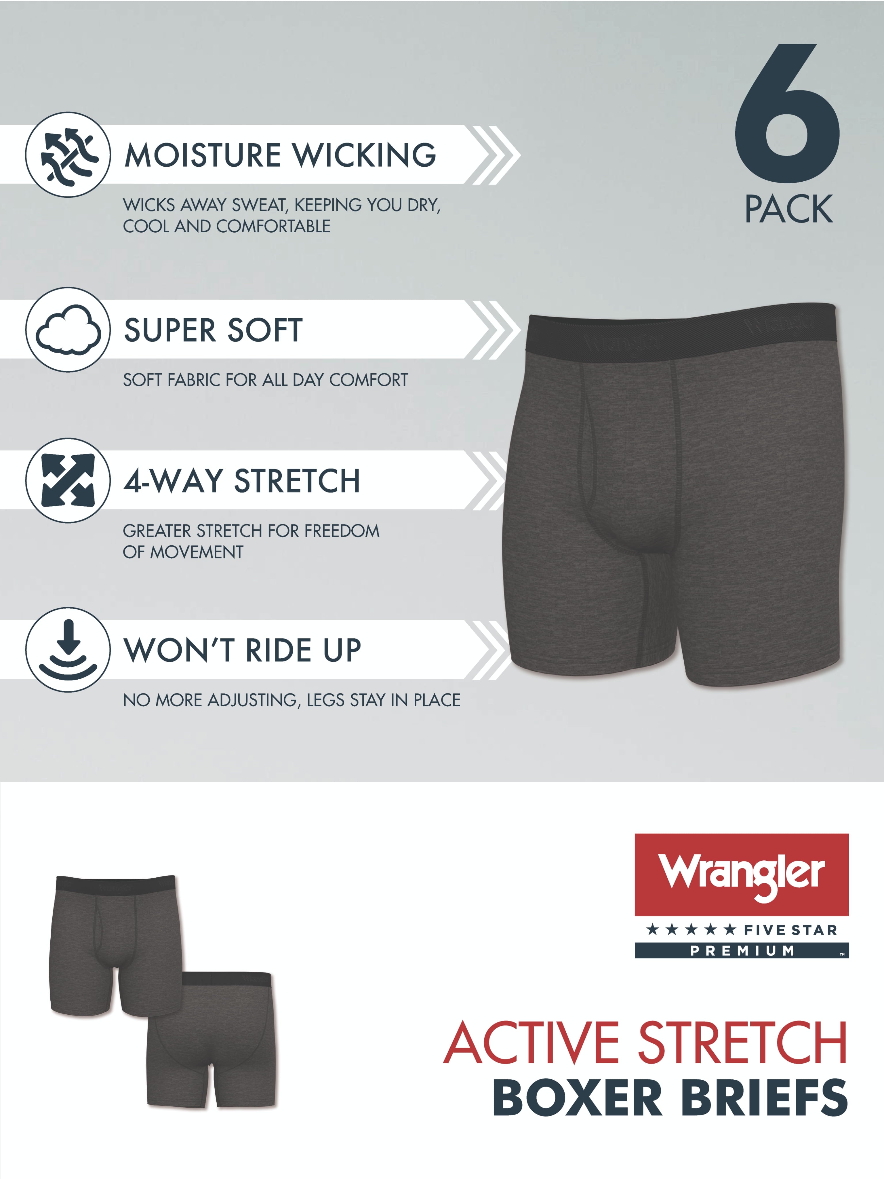 Wrangler Men's Active Stretch Boxer Brief Set, Underwear for Men, S, 6 Pack