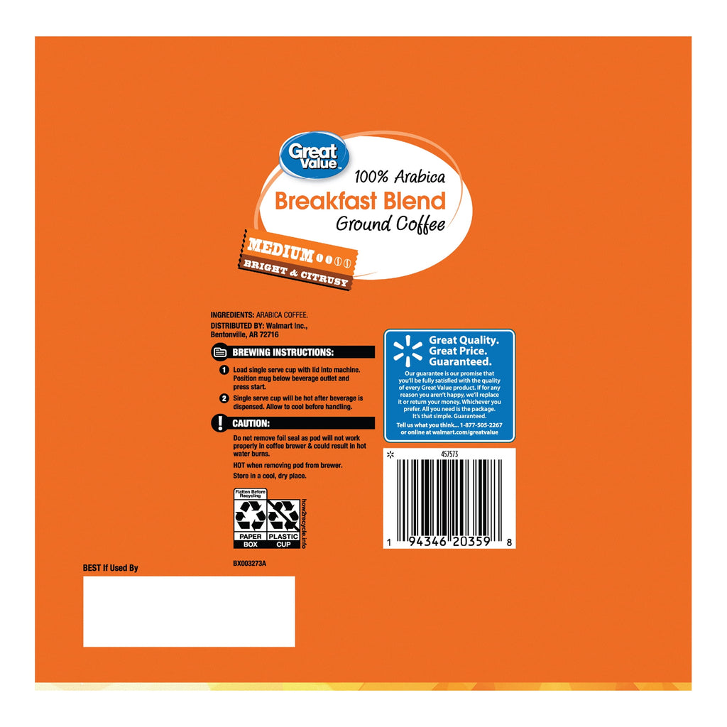 Great Value 100% Arabica Colombian Medium Dark Roast Ground Coffee Pods, 33.1 oz, 100 Count