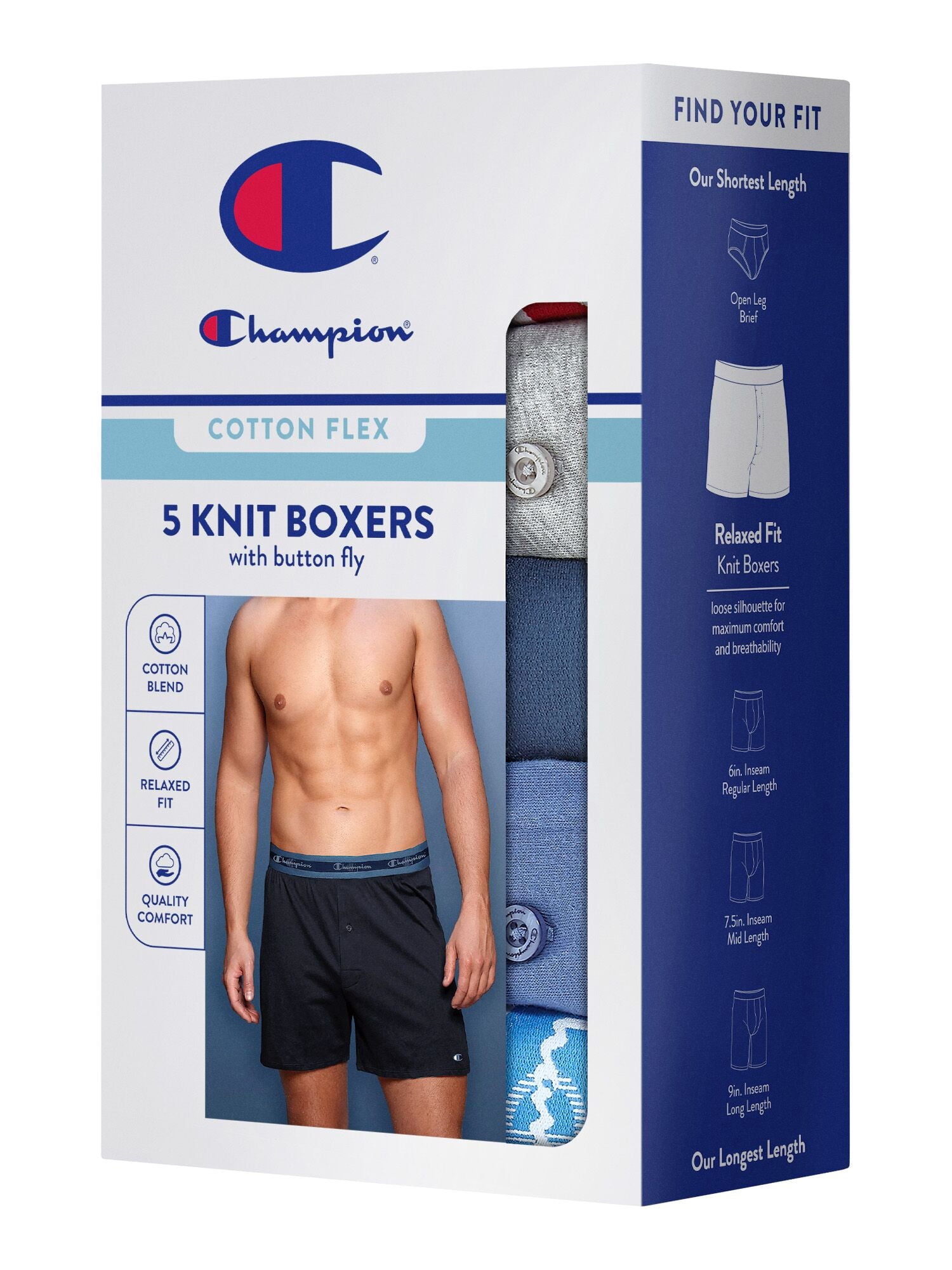 Champion Men’s Knit Boxers – 5 Pack Cotton Flex Underwear, Relaxed Fit with Button Fly, Sizes S–2XL