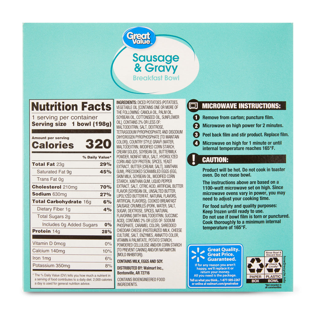 Great Value Sausage & Gravy Breakfast Bowl, 7 oz