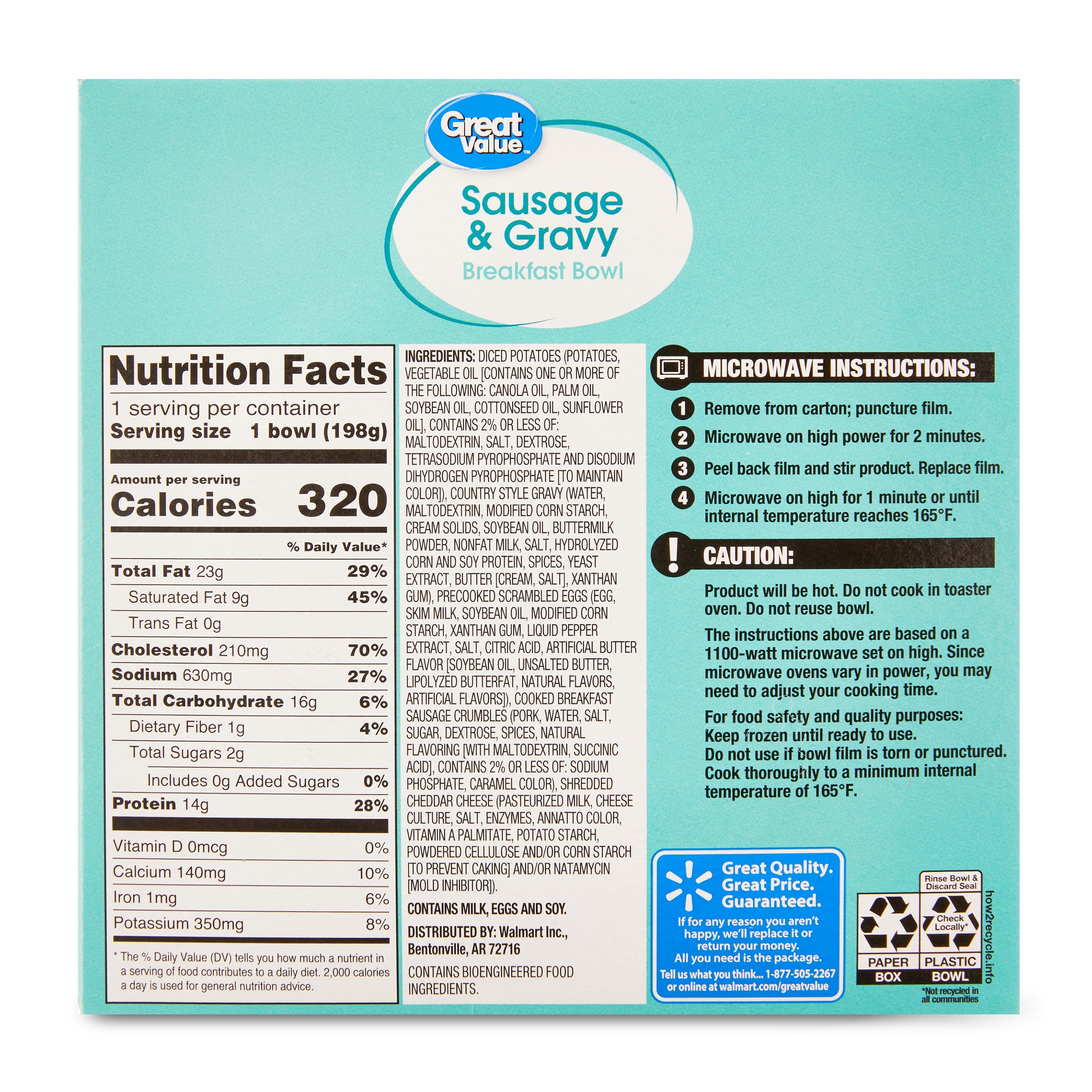 Great Value Sausage & Gravy Breakfast Bowl, 7 oz