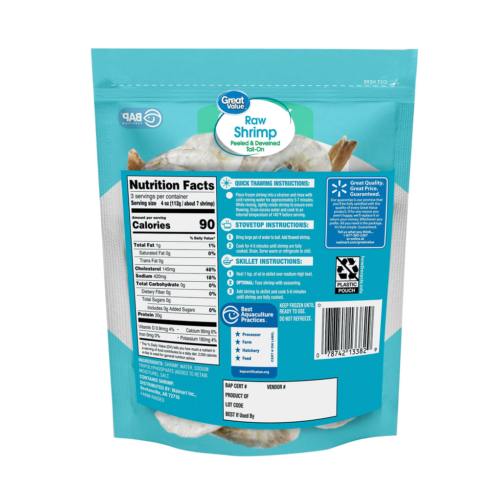 Great Value Frozen Peeled Tail on Extra Large Shrimp, 12 oz Bag (26-30 Count per lb)