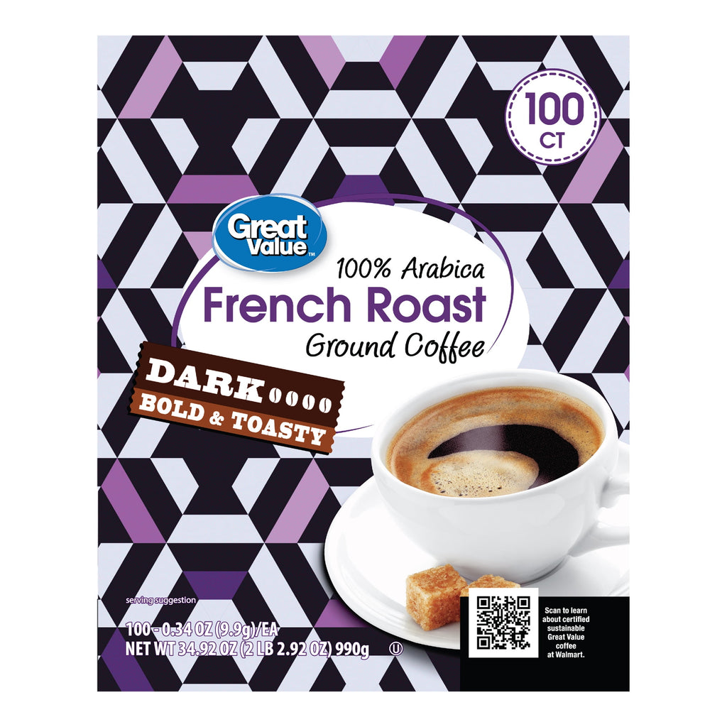Great Value 100% Arabica Colombian Medium Dark Roast Ground Coffee Pods, 33.1 oz, 100 Count