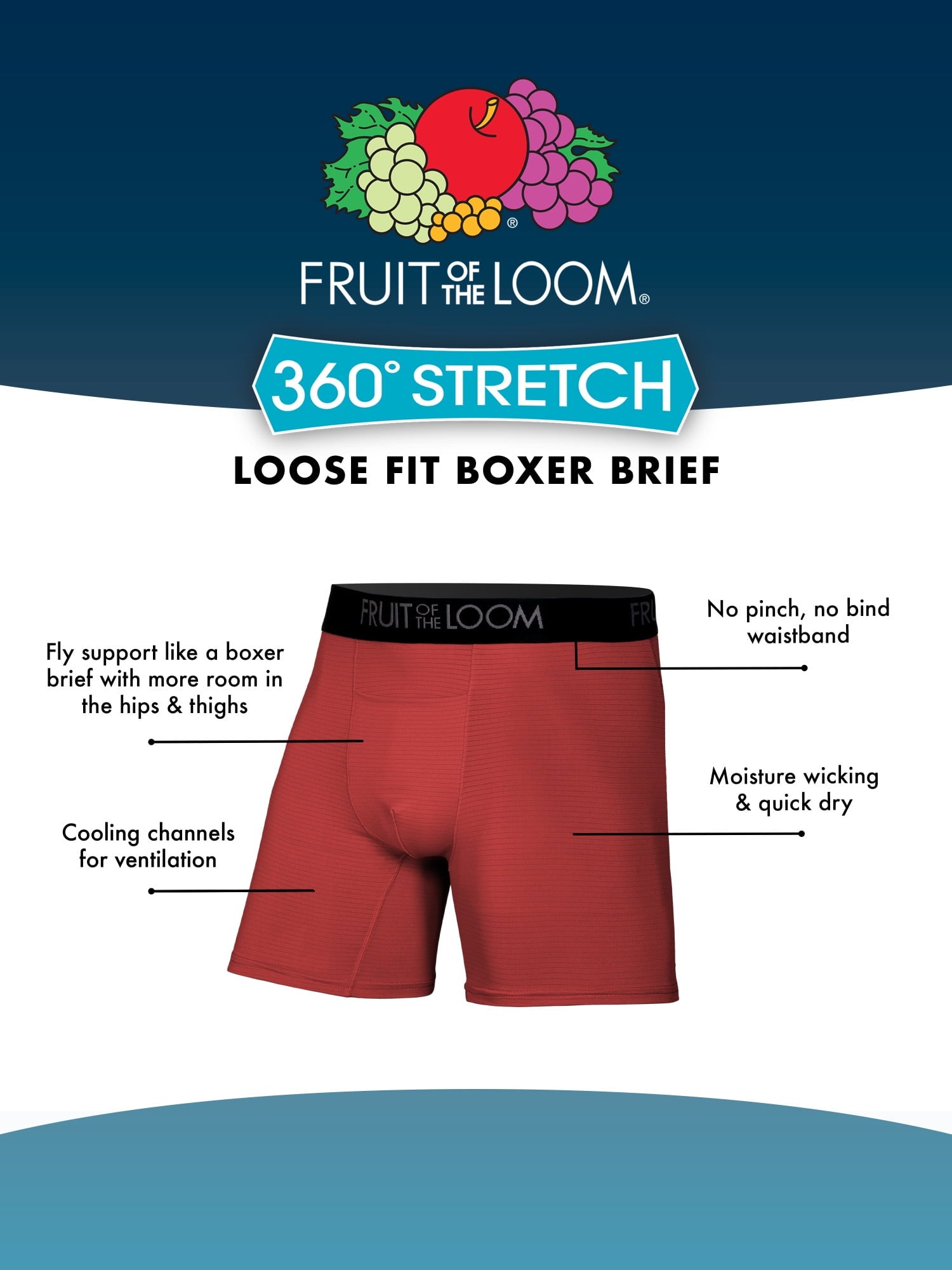 Fruit of the Loom Men's 360 Stretch Performance Cooling Channels Boxer Briefs, 6-Pack