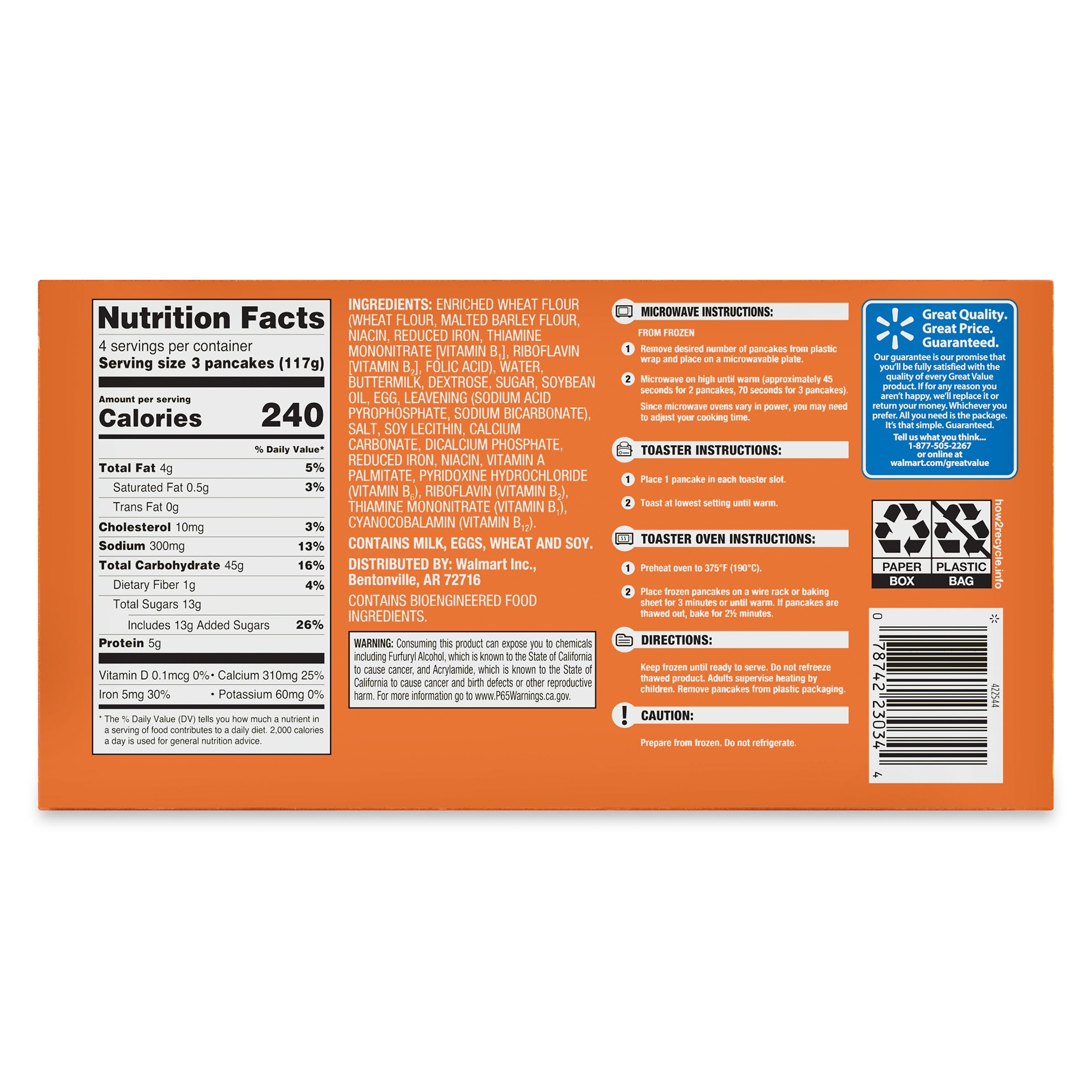 Great Value Buttermilk Pancakes, 16.5 oz, 12 Count (Frozen)