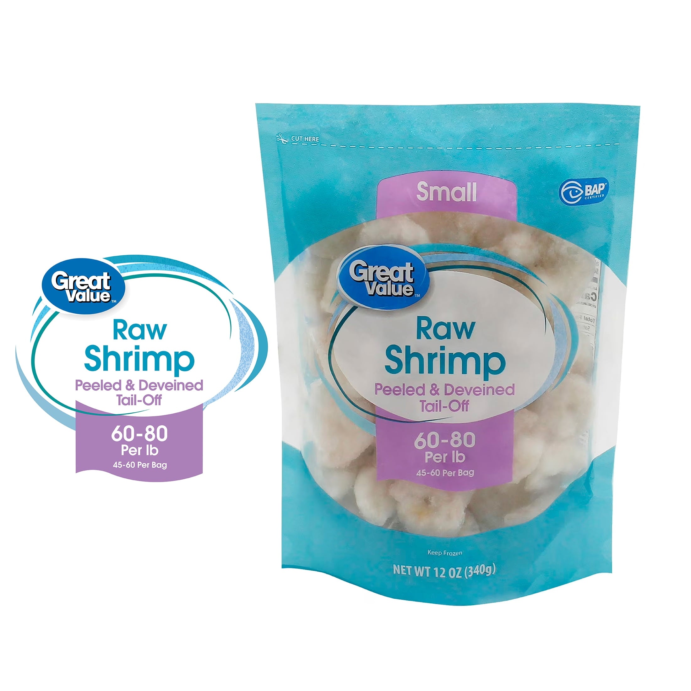 Great Value Frozen Raw Small Peeled & Deveined, Tail-off Shrimp, 12 oz Bag (60-80 Count per lb)