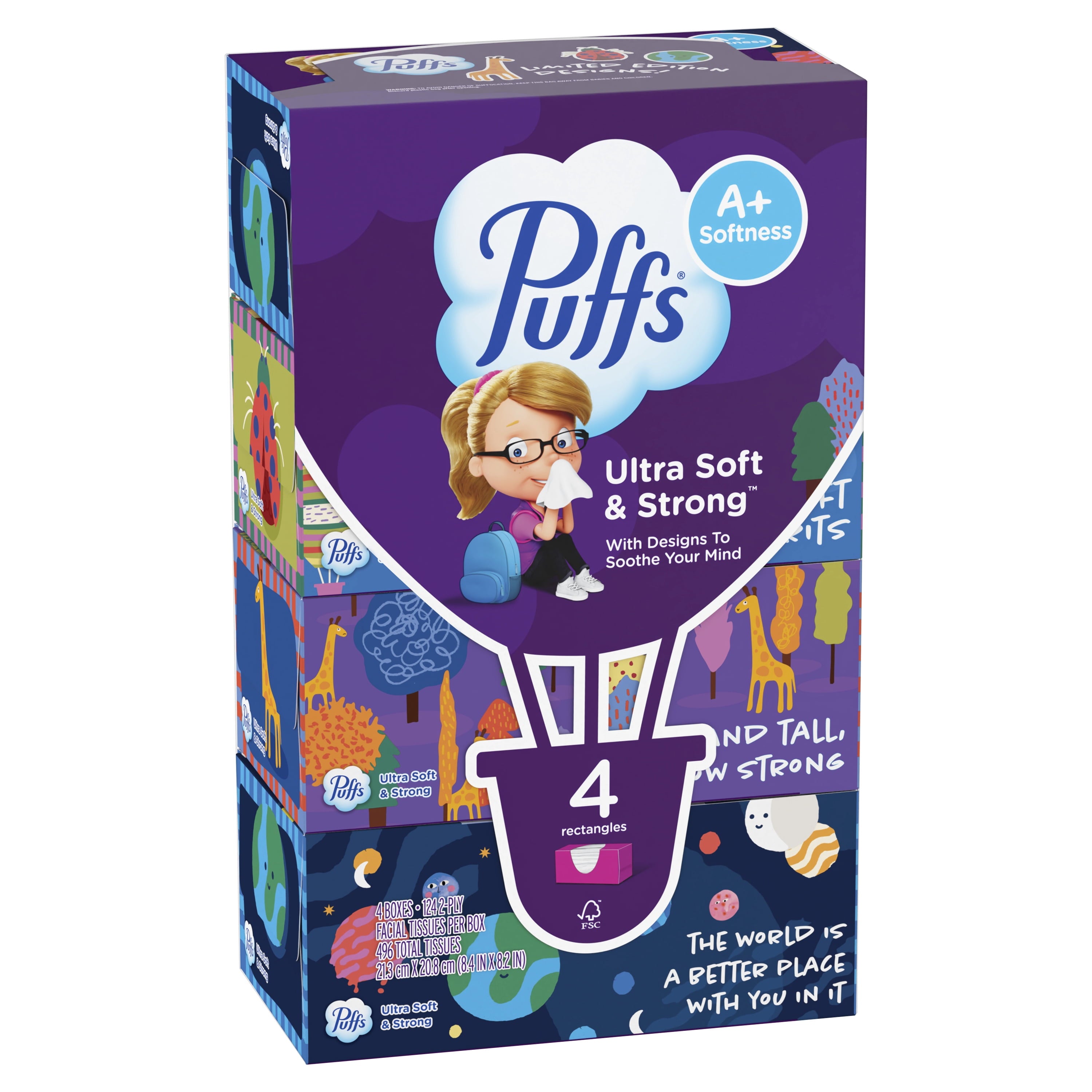 Puffs Ultra Soft Facial Tissues, Back-to-School Exclusive, 4 Rectangle Boxes, 124 Facial Tissues Per Box