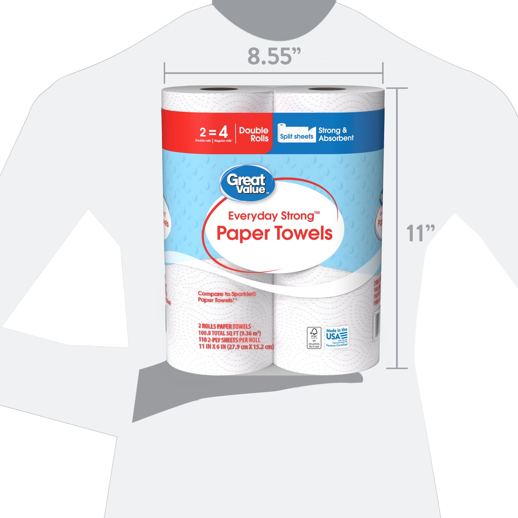 Great Value Everyday Strong Paper Towels, 2 Double Rolls