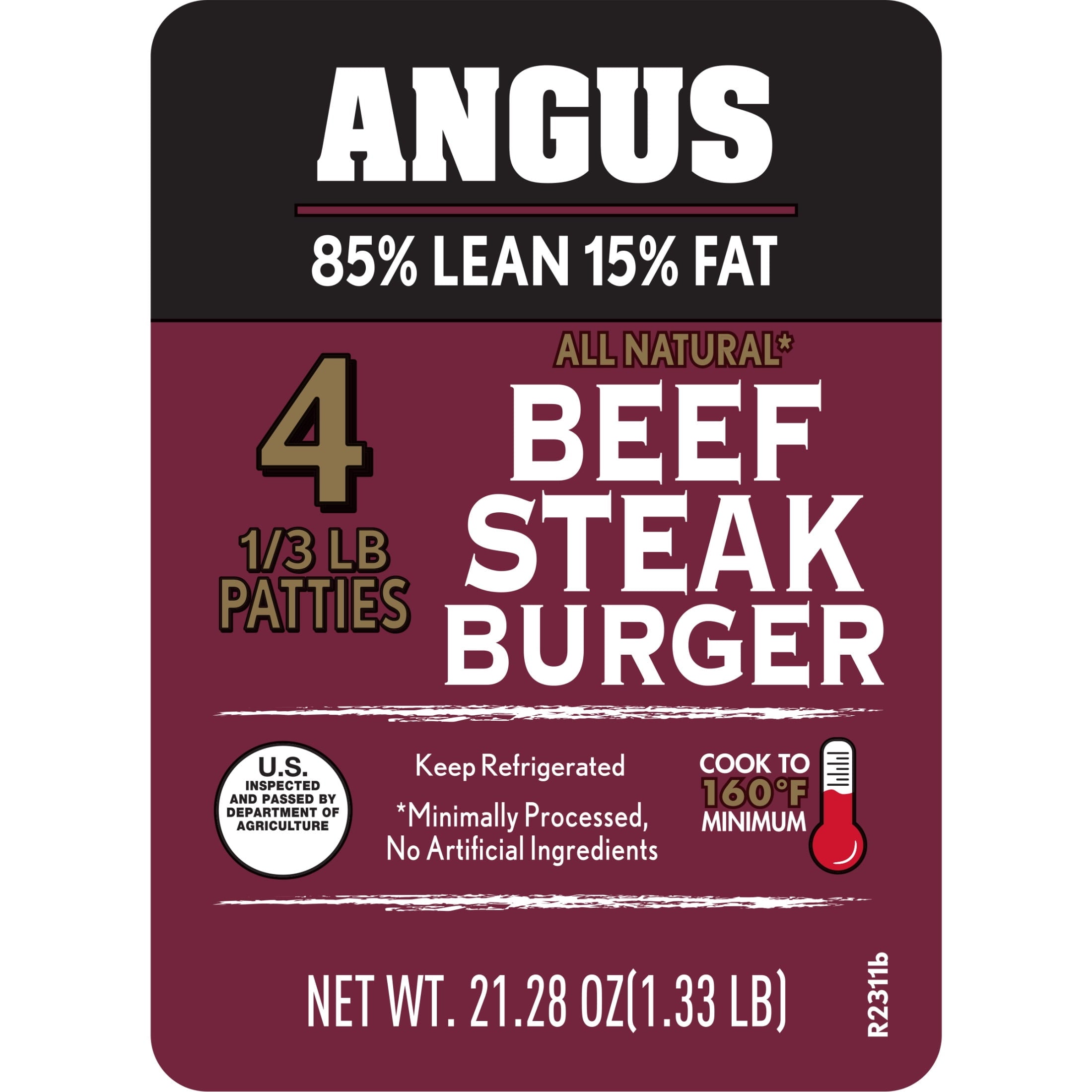 Fresh All Natural Angus Ground Beef Steak Burgers, 85% Lean / 15% Fat, 4 Count, 1.33 lb Tray