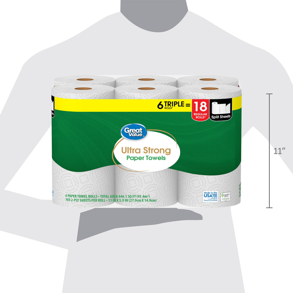 Great Value Ultra Strong Paper Towels, 6 Triple Rolls