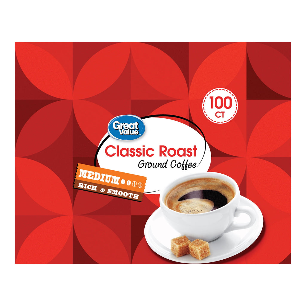 Great Value Classic Medium Roast Ground Coffee Pods, 31.7 oz, 100 Count