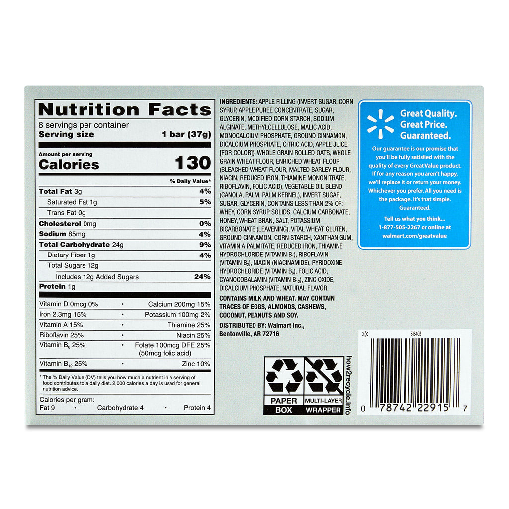 Great Value Fruit & Grain Cereal Bars Apple, Cinnamon, 10.4 oz, 8 Count
