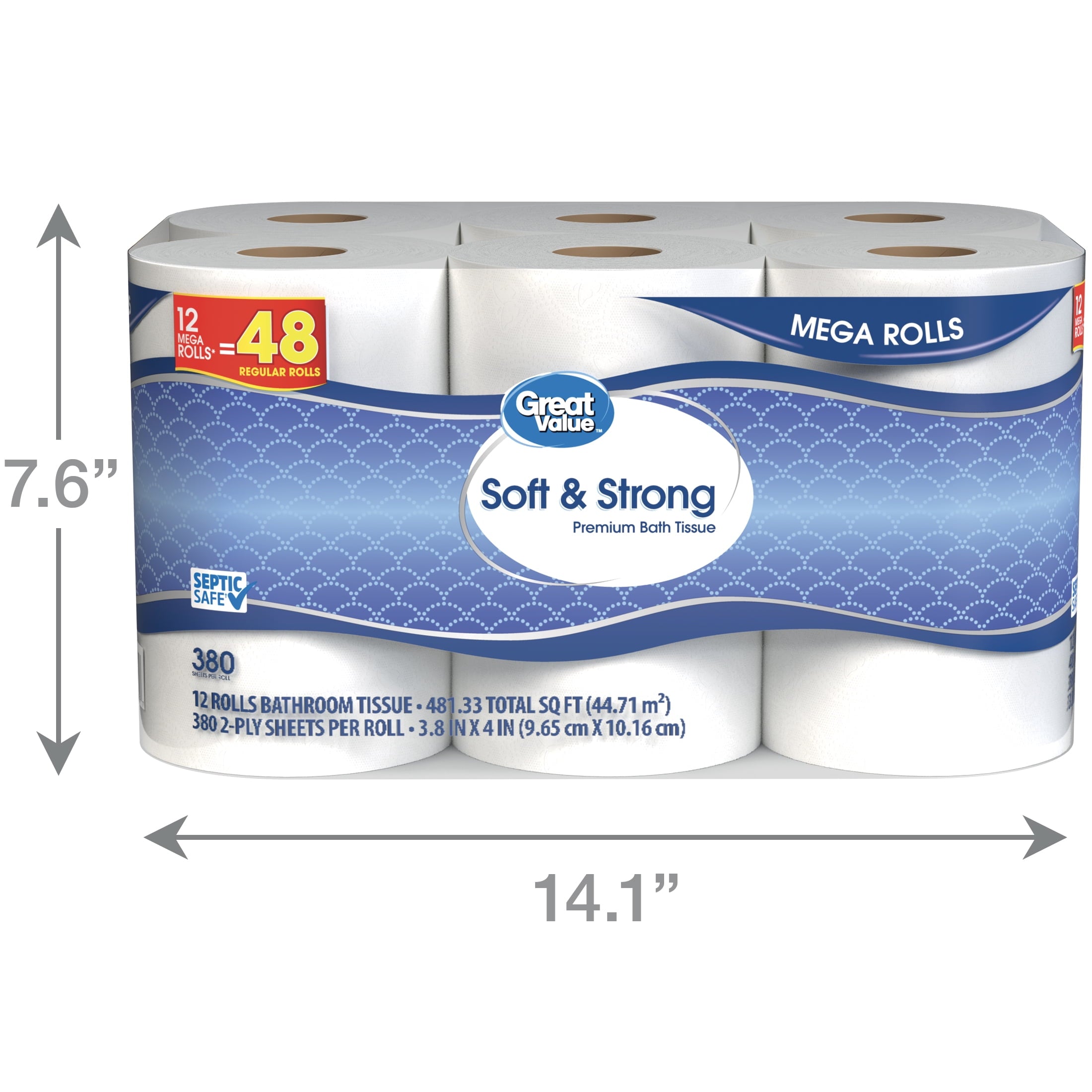 Great Value Soft & Strong Toilet Paper, 12 Mega Rolls, 380 Sheets per Roll