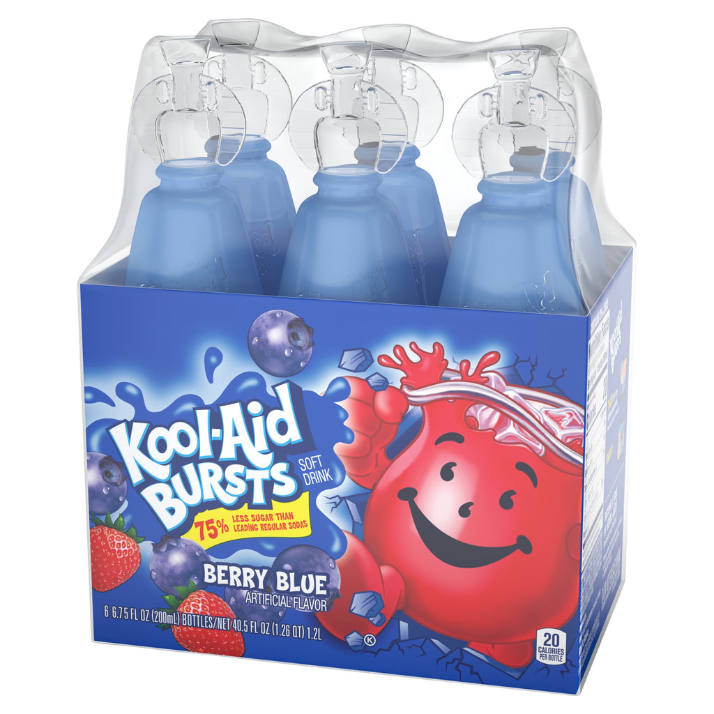 Kool-Aid Bursts Soft Drink, 6 Bottles, for School Lunches and On-the-Go Hydration, artificial flavor Berry Blue, Caffeine Free, 6.75 oz