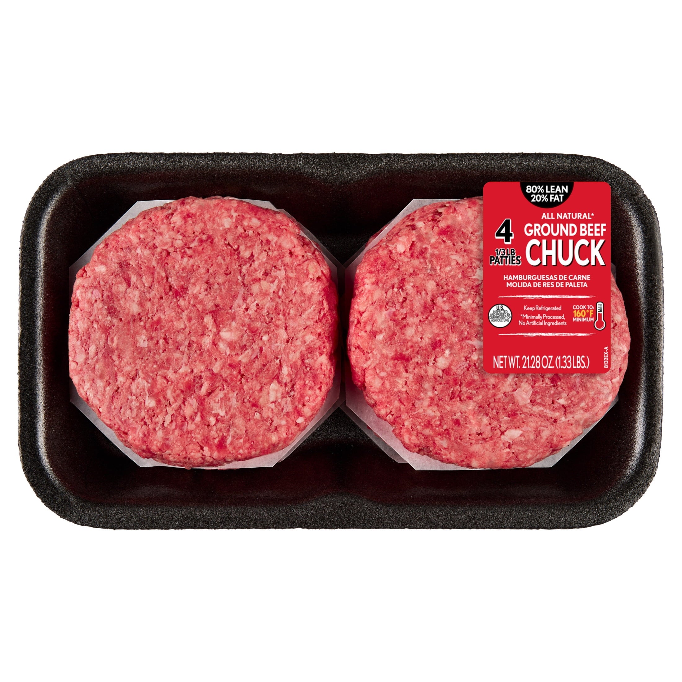 Fresh, All Natural Ground Beef Chuck Patties, 80% Lean, 4 Count, 1.33 lb Tray