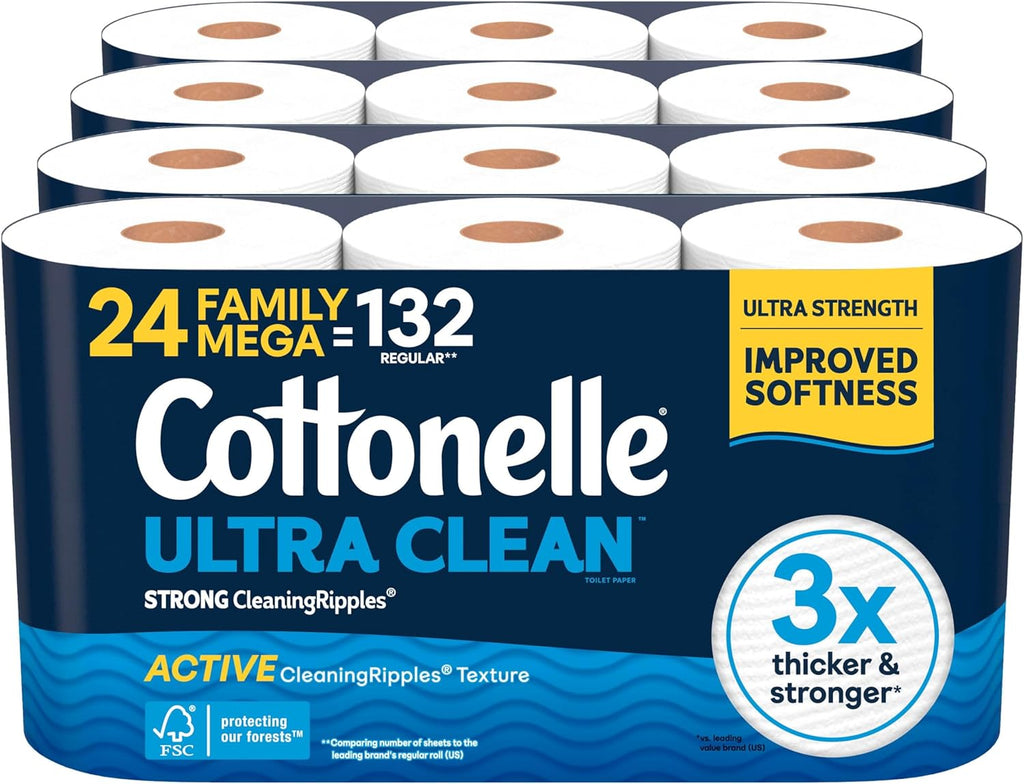 Cottonelle Ultra Clean Toilet Paper with Active CleaningRipples Texture, Strong Bath Tissue, 1-Ply, 24 Family Mega = 132 Regular Rolls (4 Packs of 6), White