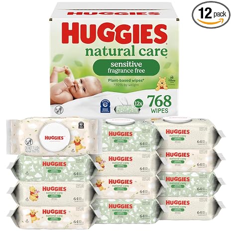 Huggies Natural Care Sensitive Baby Wipes, Unscented, Hypoallergenic, 99% Purified Water, 12 Flip-Top Packs (768 Wipes Total), Packaging May Vary