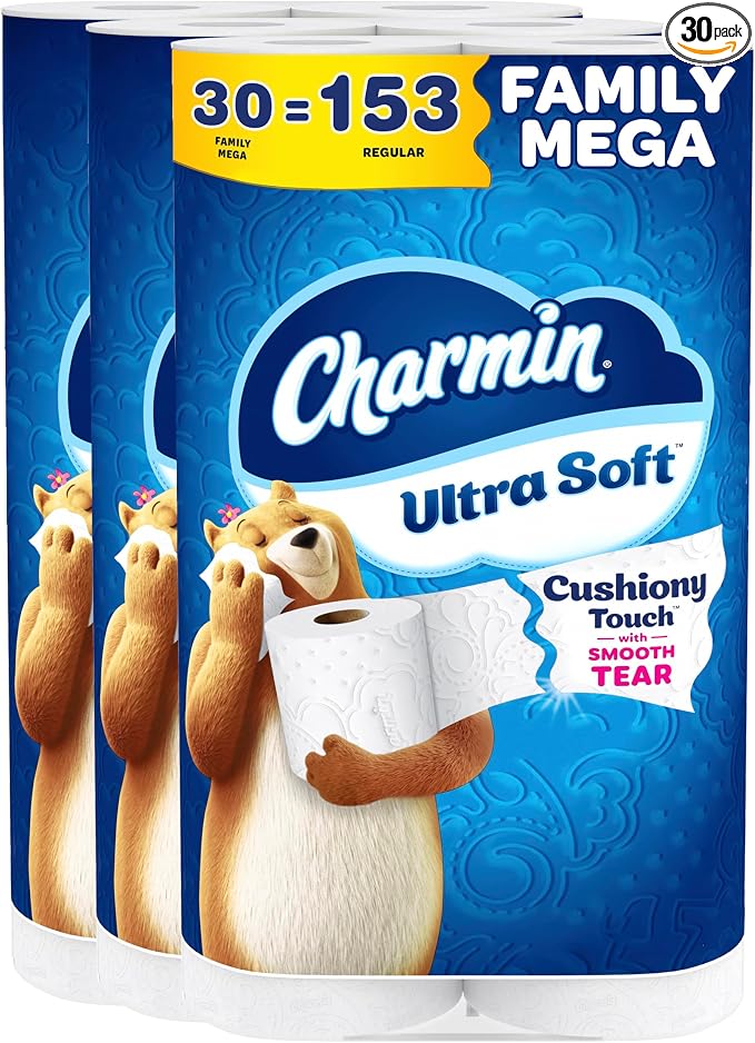 Charmin Ultra Soft Cushiony Touch Toilet Paper, 30 Family Mega = 153 Regular Rolls, 2-Ply, White