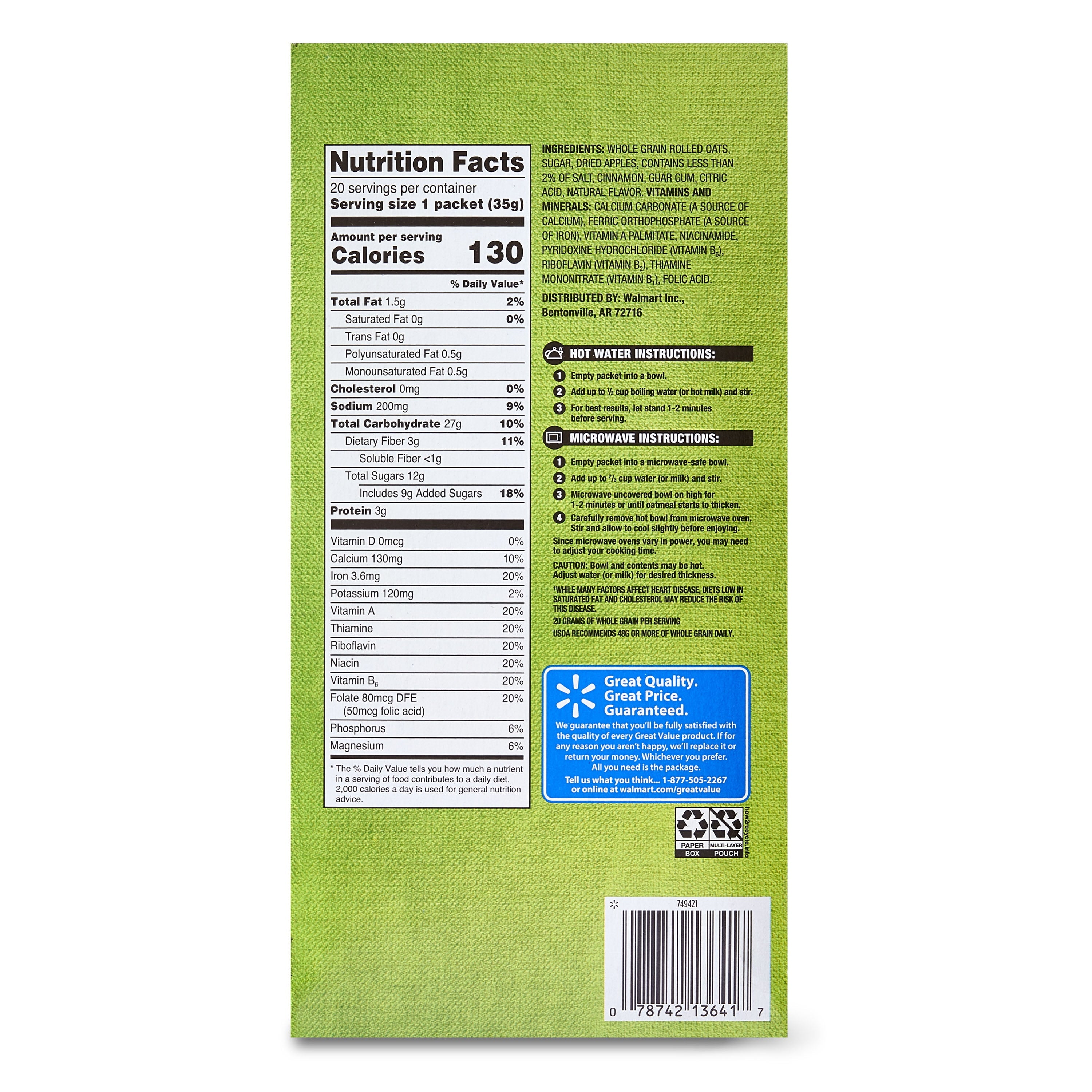 Great Value Apples and Cinnamon Instant Oatmeal, 1.23 oz, 20 Count
