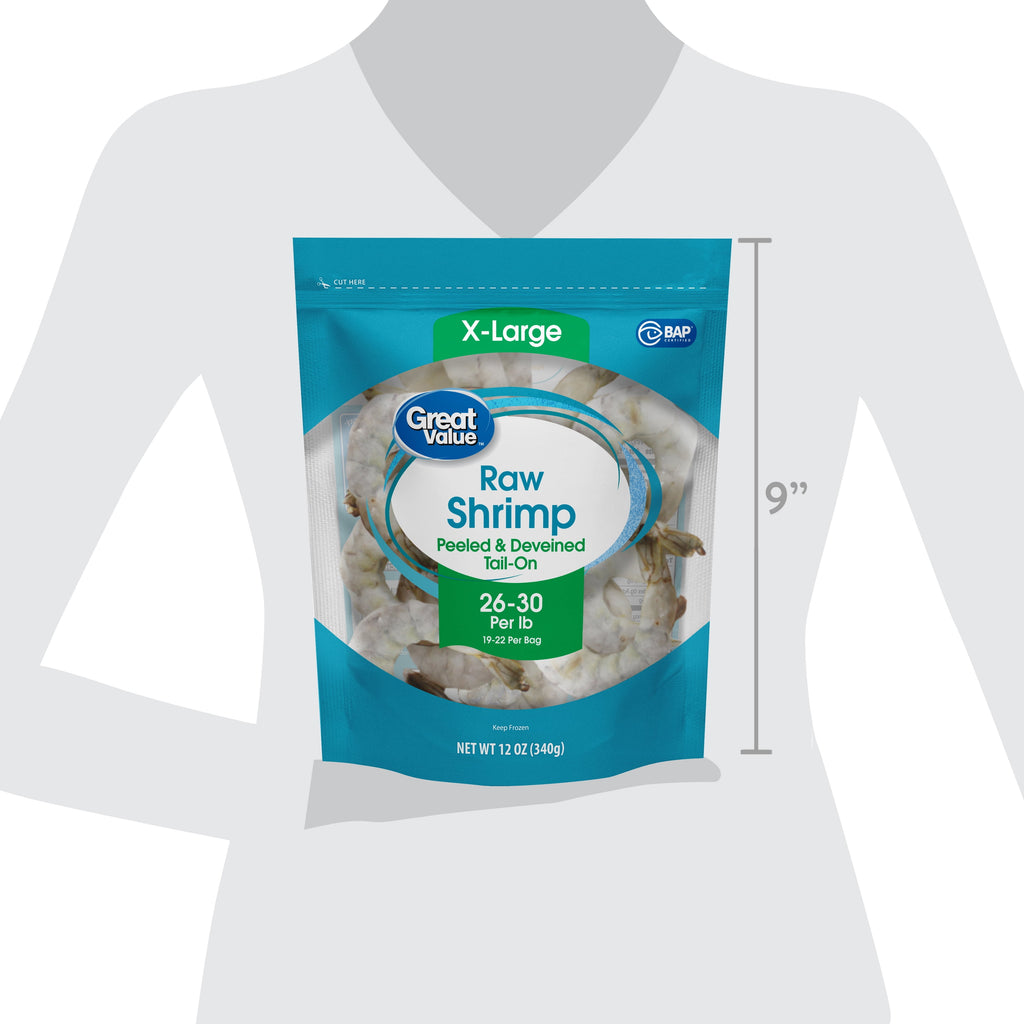 Great Value Frozen Peeled Tail on Extra Large Shrimp, 12 oz Bag (26-30 Count per lb)
