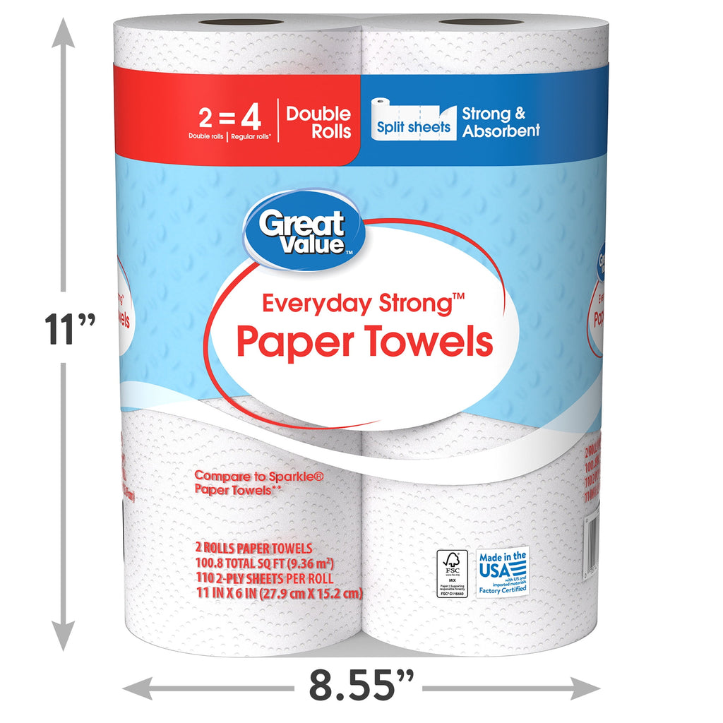 Great Value Everyday Strong Paper Towels, 2 Double Rolls