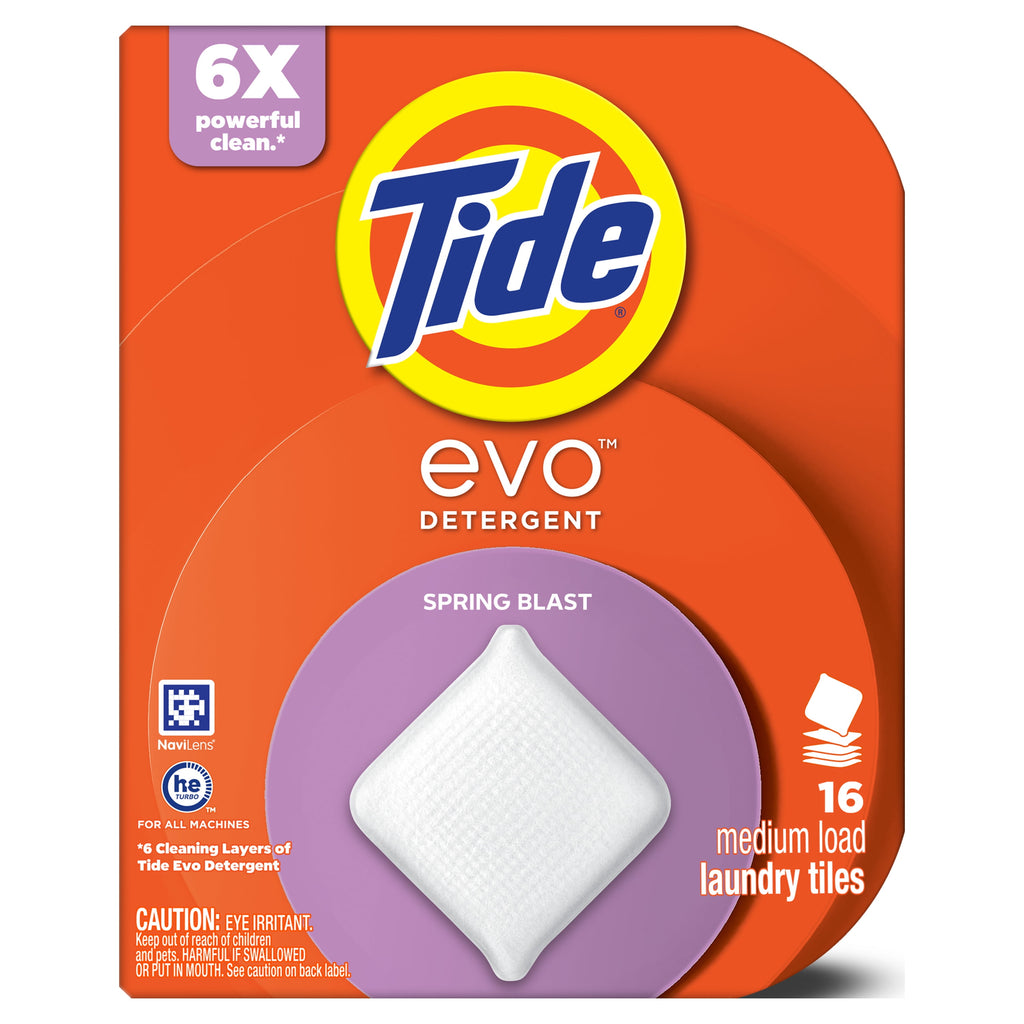 (4 pack) Tide Evo Laundry Detergent Tiles, 100% Concentrated, 6X Cleaning Power, Spring Blast Scent, 16 Count