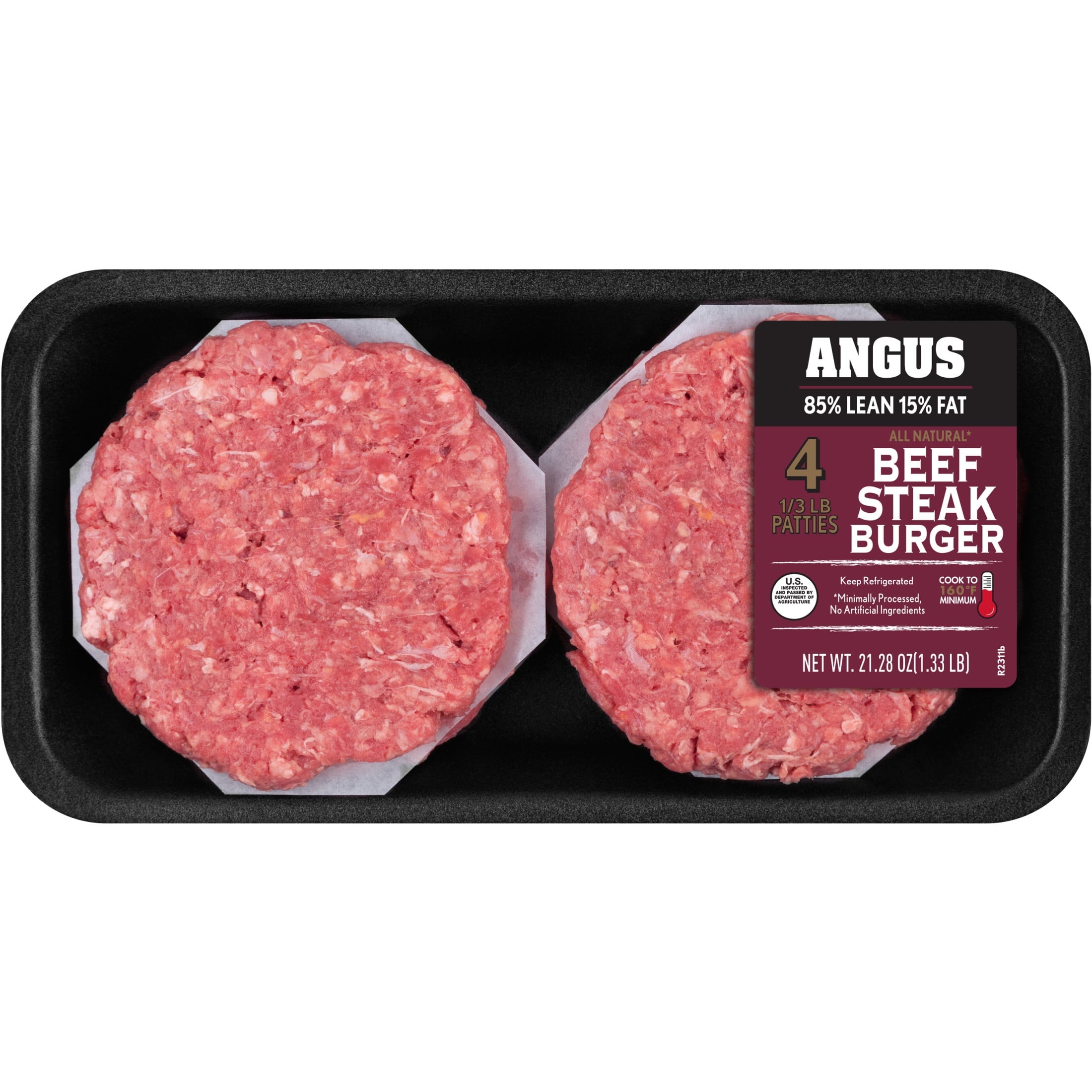 Fresh All Natural Angus Ground Beef Steak Burgers, 85% Lean / 15% Fat, 4 Count, 1.33 lb Tray