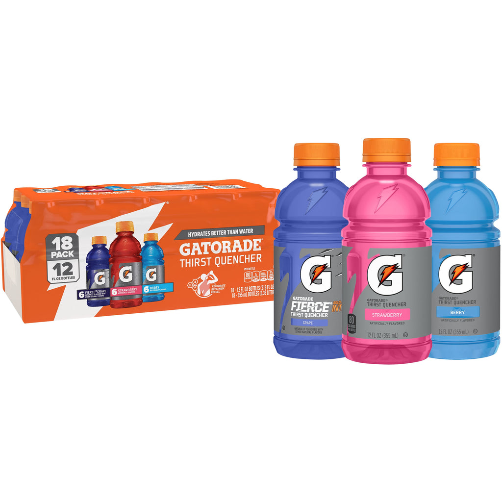 Gatorade Sports Drink, Fruit Punch/Glacier Cherry/Cool Blue Variety Pack, 12 fl oz, 18 Count Bottles