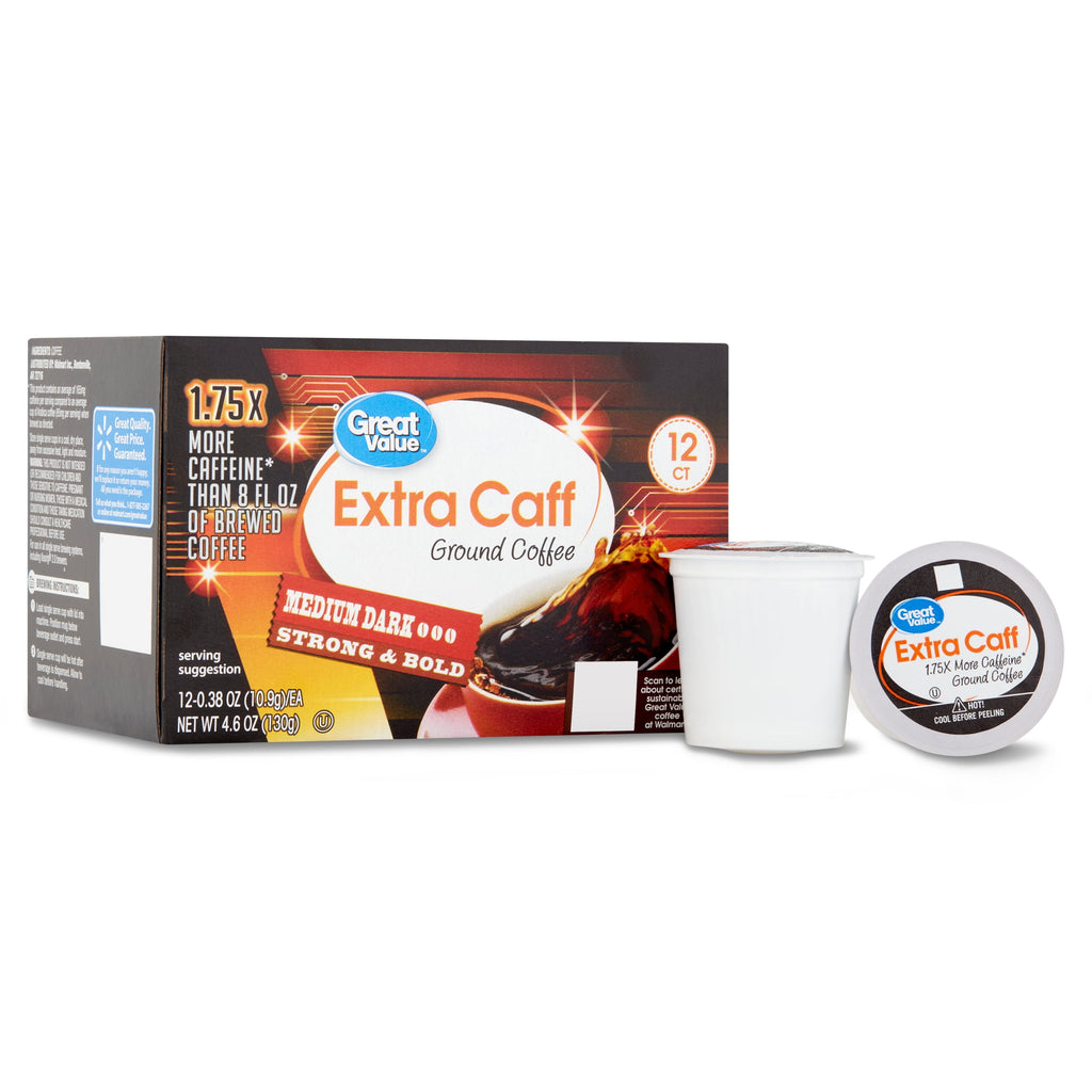 (6 pack) Great Value Extra Caff Medium-Dark Roast Coffee Pods, 12 Ct