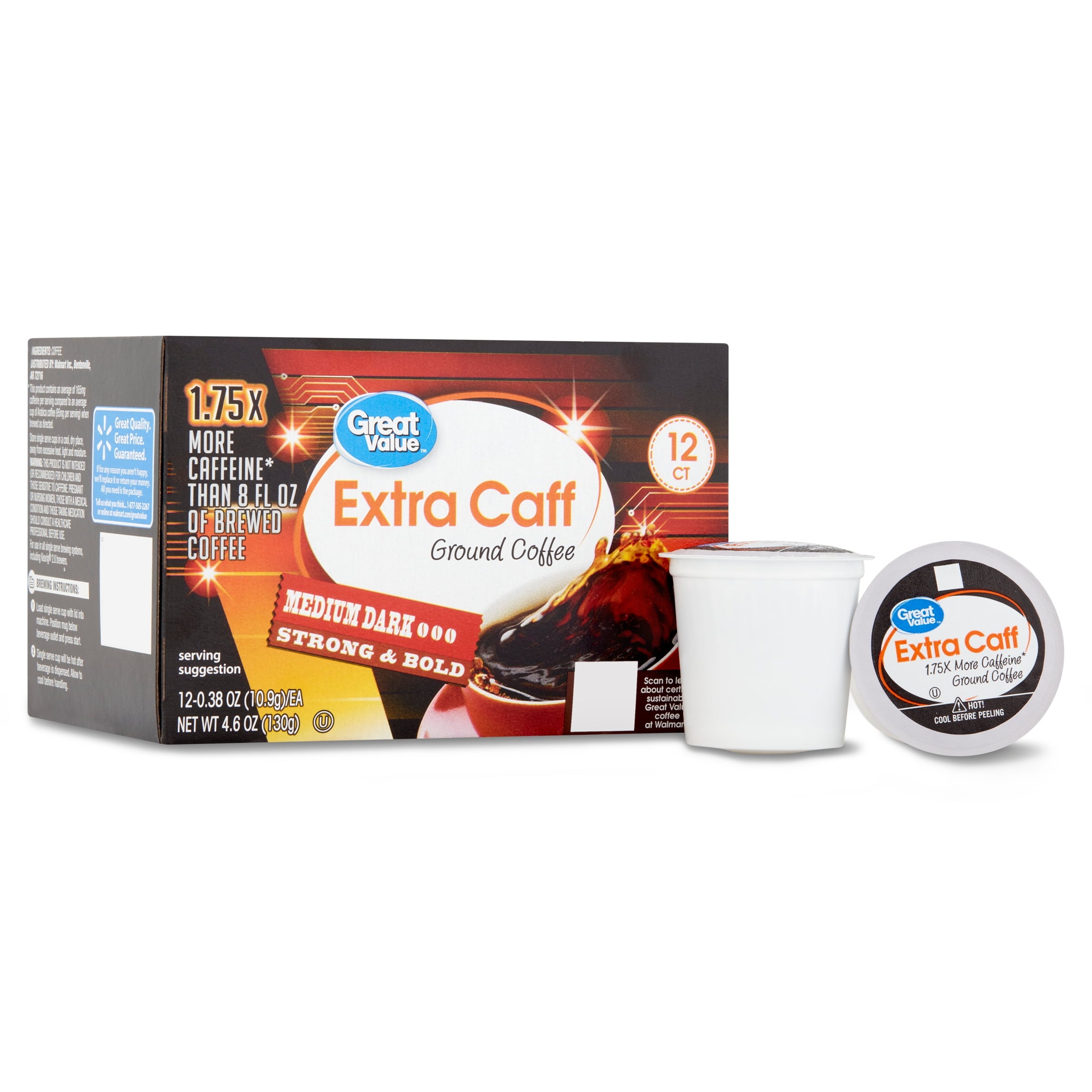 (6 pack) Great Value Extra Caff Medium-Dark Roast Coffee Pods, 12 Ct