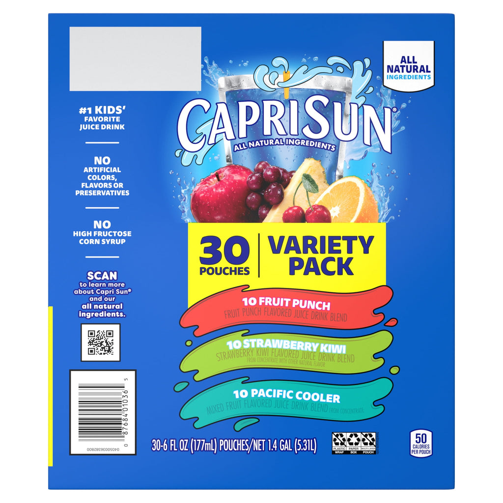 Capri Sun Flavored with Other Natural Flavor Juice Drink Blend, 30 Pouches, for School Lunches and On-the-Go Hydration, Fruit Punch, Strawberry Kiwi & Pacific Cooler, All Natural Ingredients, 6 fl oz