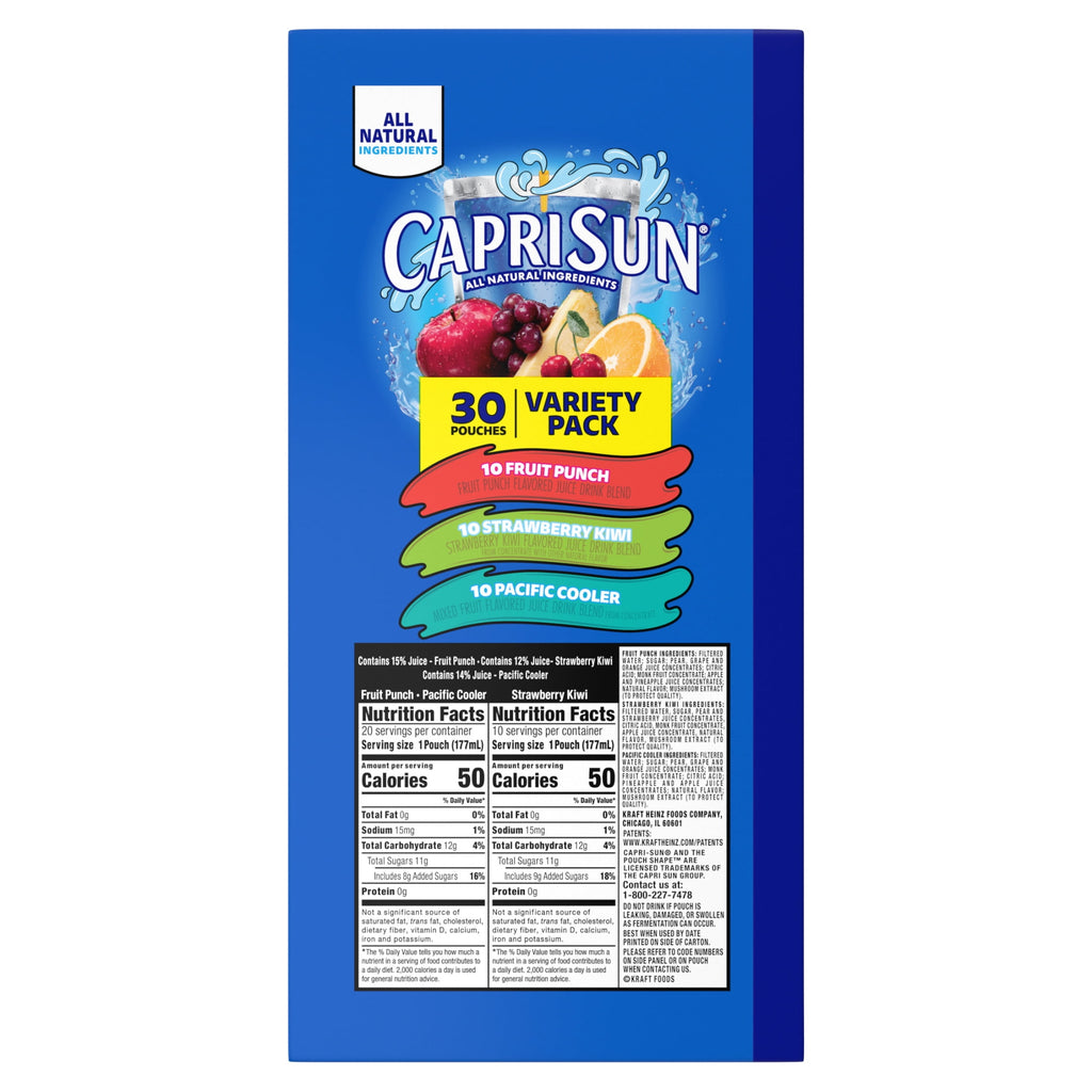 Capri Sun Flavored with Other Natural Flavor Juice Drink Blend, 30 Pouches, for School Lunches and On-the-Go Hydration, Fruit Punch, Strawberry Kiwi & Pacific Cooler, All Natural Ingredients, 6 fl oz