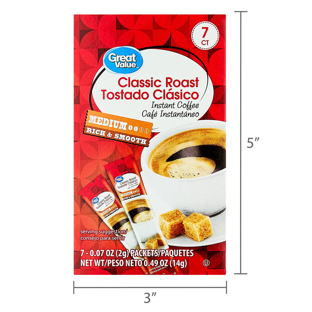 Great Value Classic Roast Instant Coffee, Medium, 0.49 oz, 7 Count