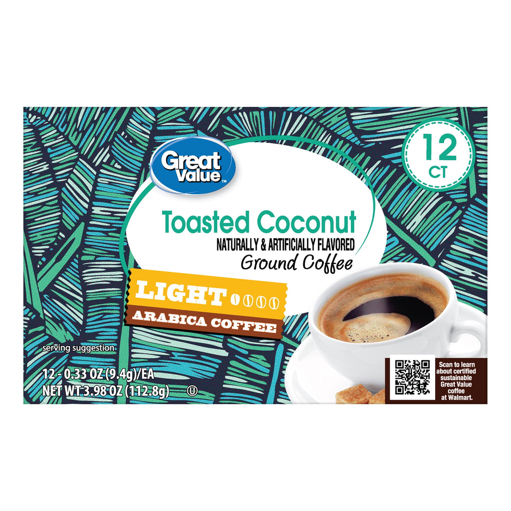 Great Value 100% Arabica Toasted Coconut Light Roast Arabica Coffee Pods, 12 Count