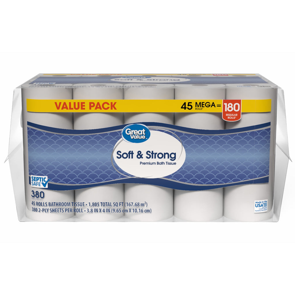Great Value Soft & Strong Toilet Paper, 12 Mega Rolls, 380 Sheets per Roll