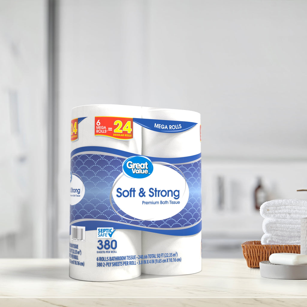 Great Value Soft & Strong Toilet Paper, 12 Mega Rolls, 380 Sheets per Roll