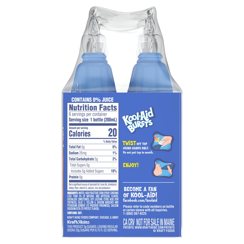 Kool-Aid Bursts Soft Drink, 6 Bottles, for School Lunches and On-the-Go Hydration, artificial flavor Berry Blue, Caffeine Free, 6.75 oz