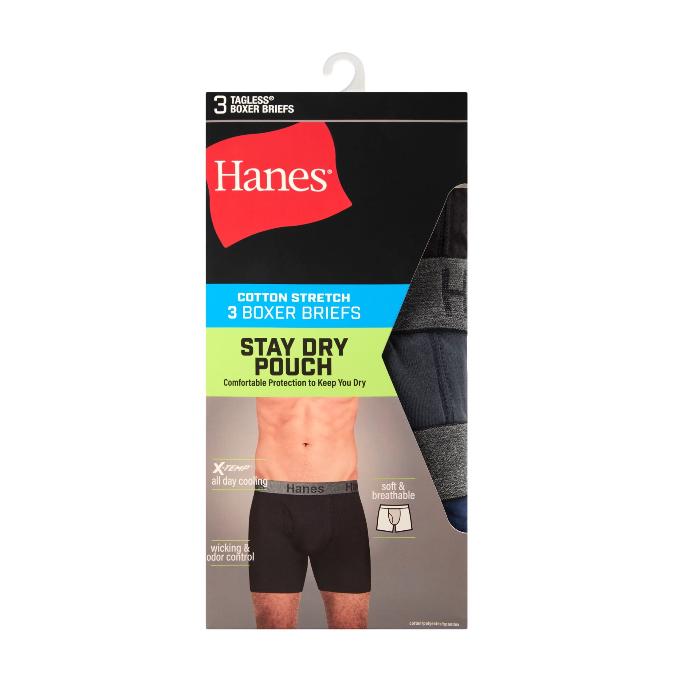 Hanes Men's Boxer Brief Underwear Pack with Stay Dry Pouch, Cotton Stretch, Assorted, 3-Pack