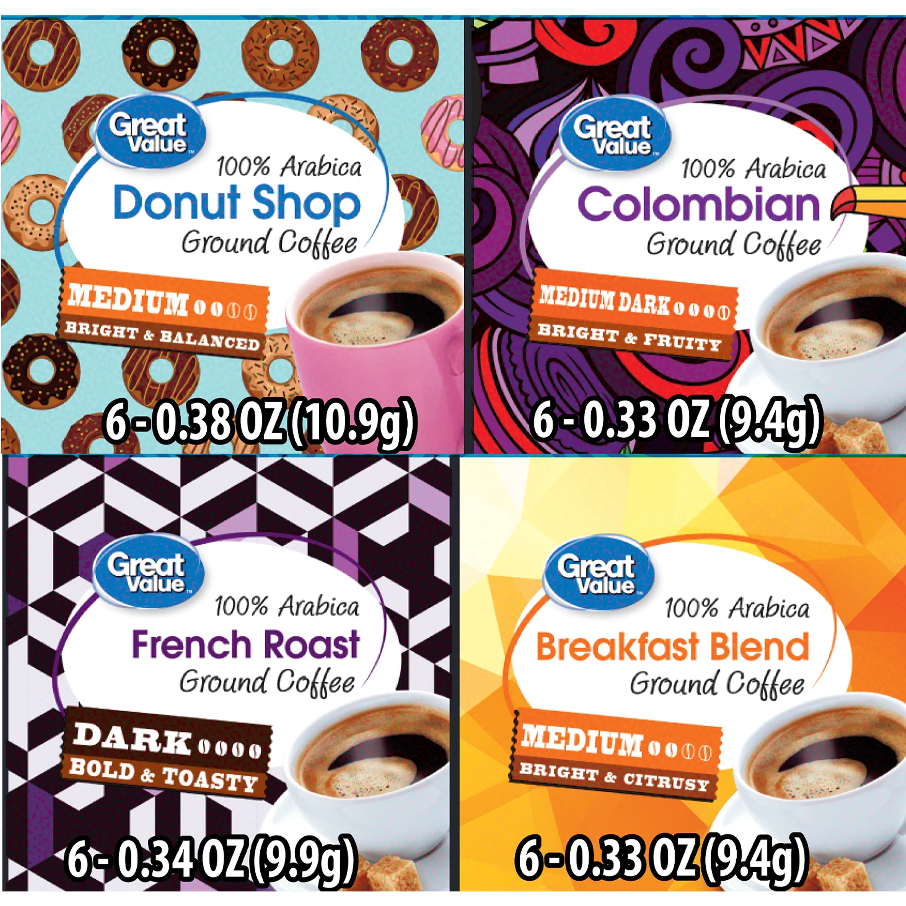Great Value Unflavored Ground Coffee Pods Variety Pack, 8.3 oz, 24 Count
