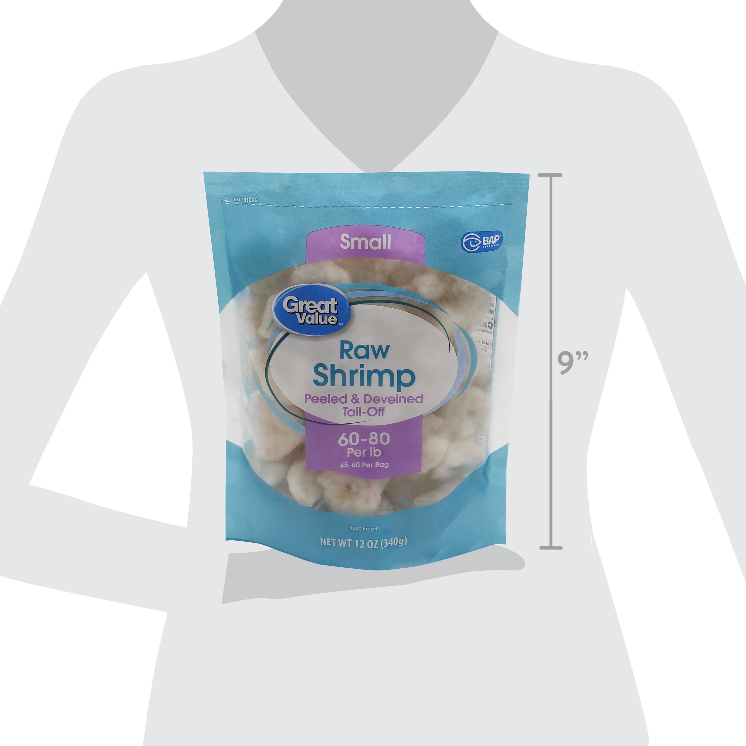 Great Value Frozen Raw Small Peeled & Deveined, Tail-off Shrimp, 12 oz Bag (60-80 Count per lb)