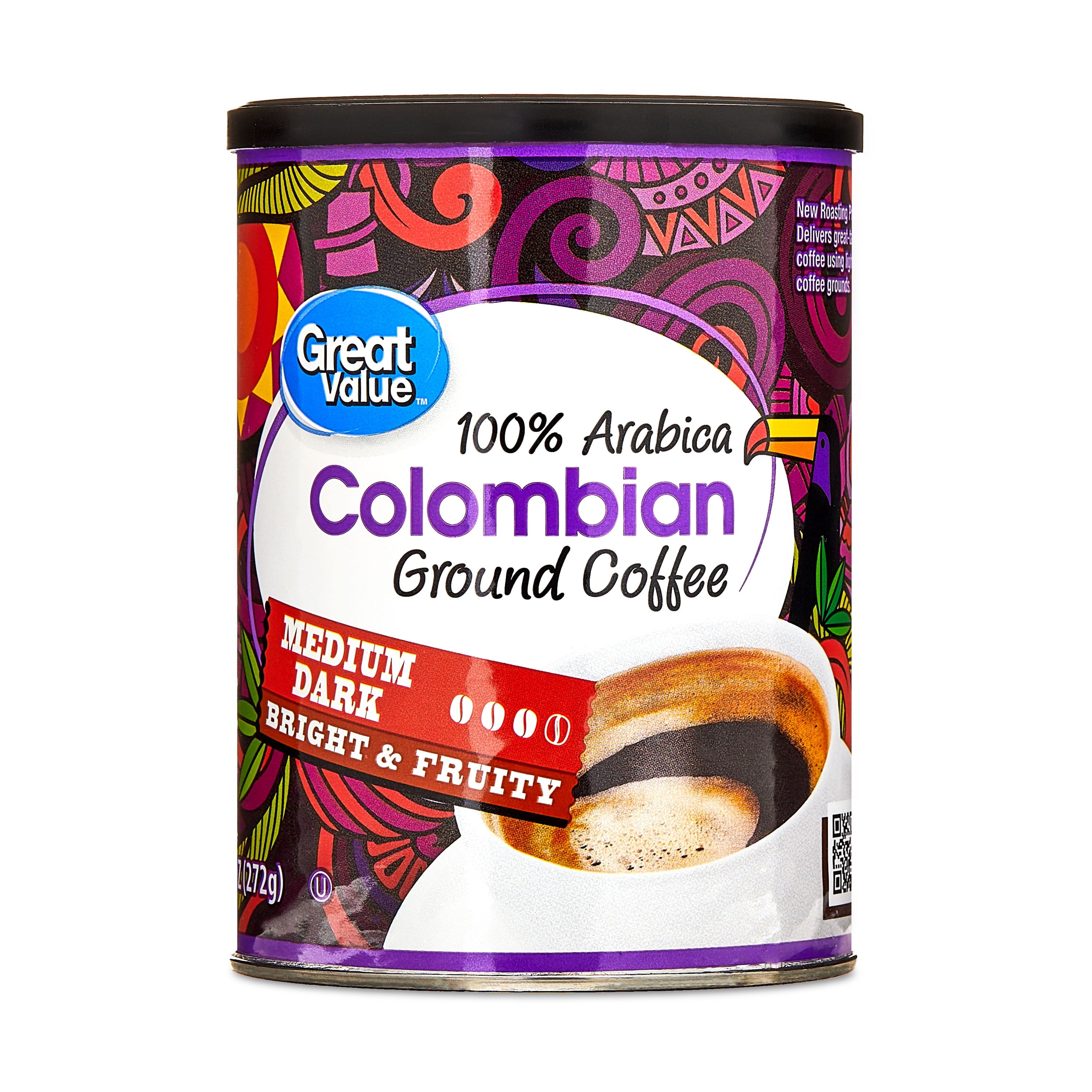 Great Value Colombian Roast Ground Naturally Caffeinated Coffee, 9.6 oz Canister