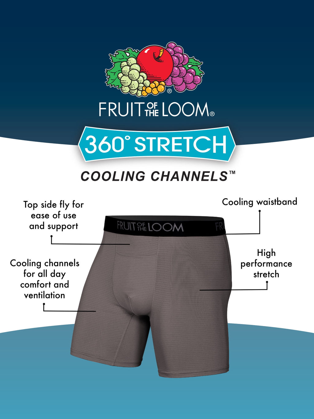 Fruit of the Loom Men's 360 Stretch Performance Cooling Channels Boxer Briefs, 6-Pack