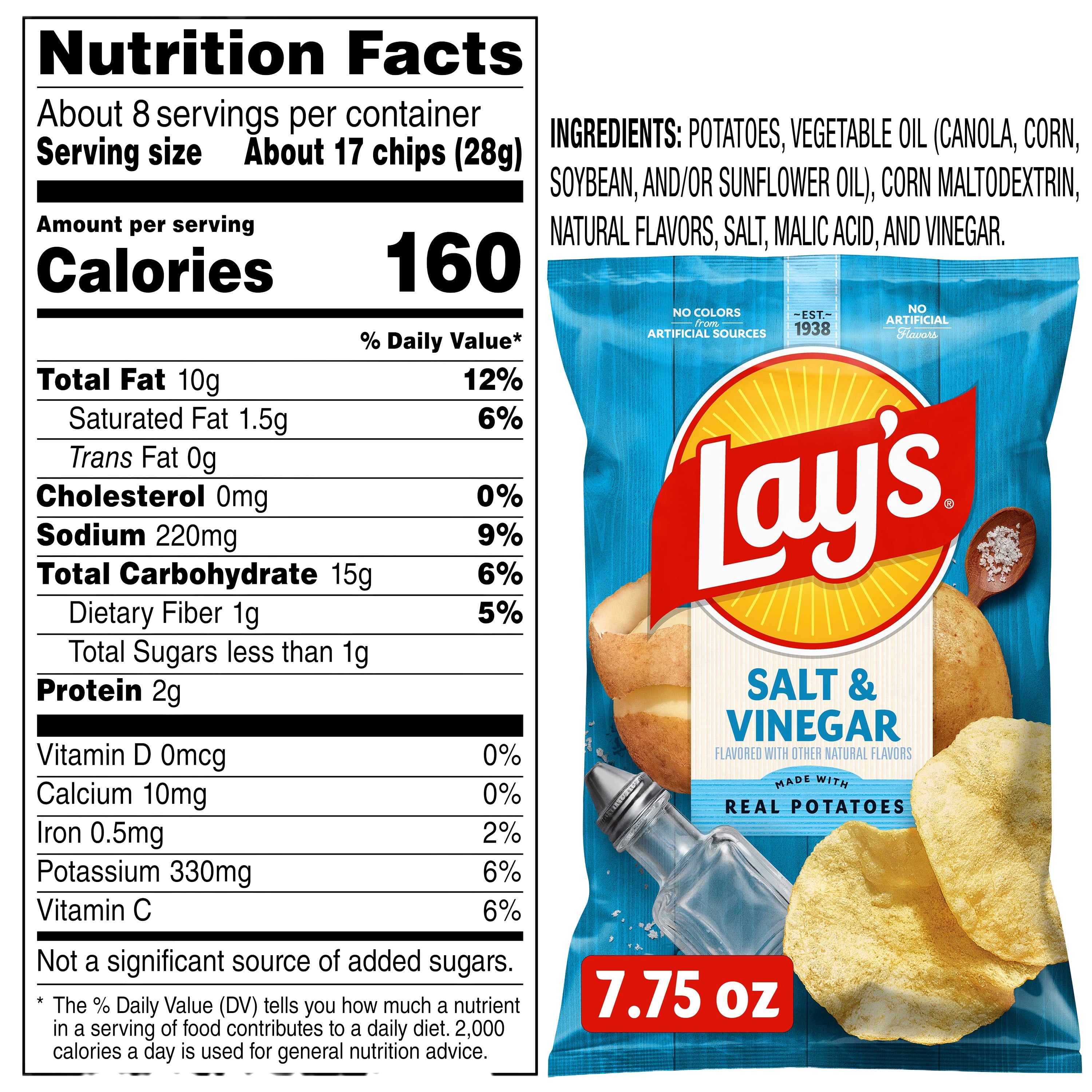 Lay's Potato Chips Salt & Vinegar Snack Chips, 7.75 Ounce Bag