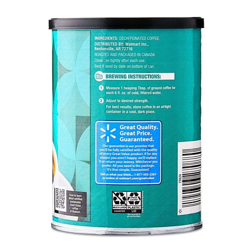 (6 pack) Great Value Decaf Classic Medium Roast Ground Coffee, 9.6 oz