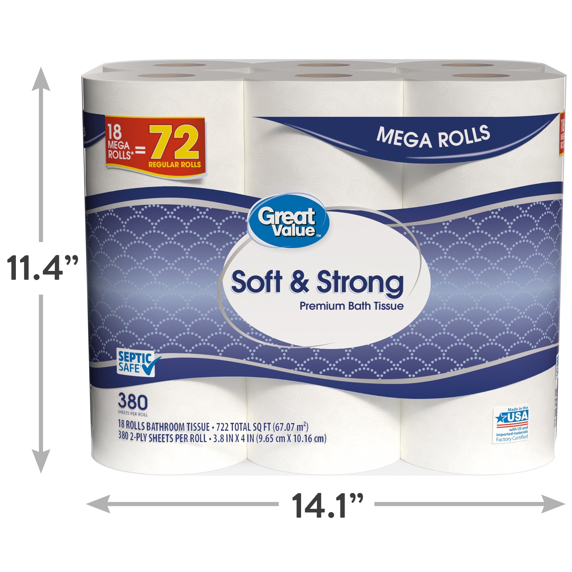 Great Value Soft & Strong Toilet Paper, 12 Mega Rolls, 380 Sheets per Roll