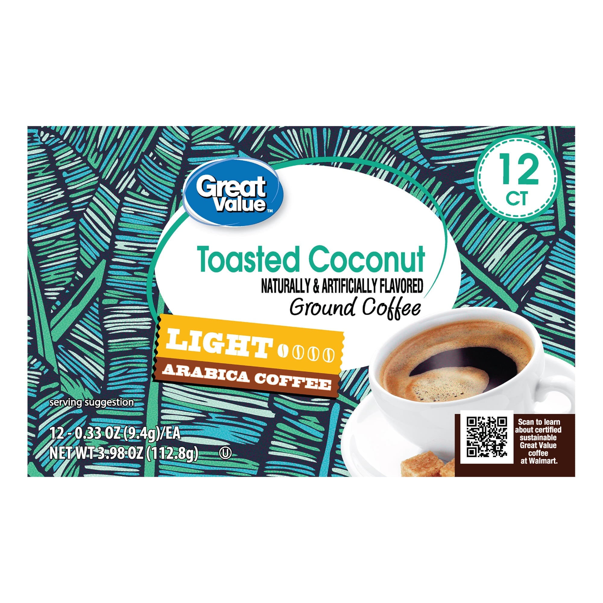 Great Value 100% Arabica Toasted Coconut Light Roast Arabica Coffee Pods, 12 Count