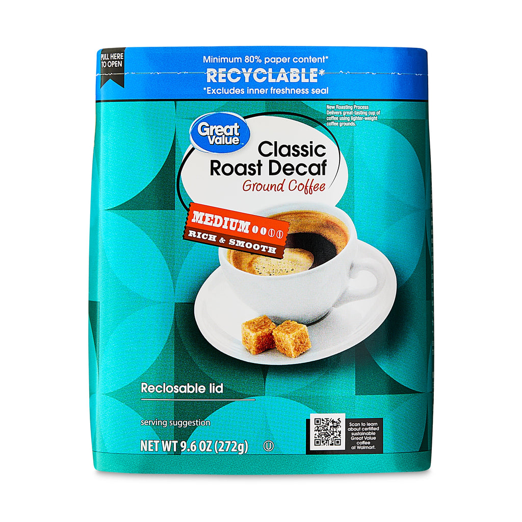 (6 pack) Great Value Classic Decaf Medium Roast Ground Coffee, 9.6 oz