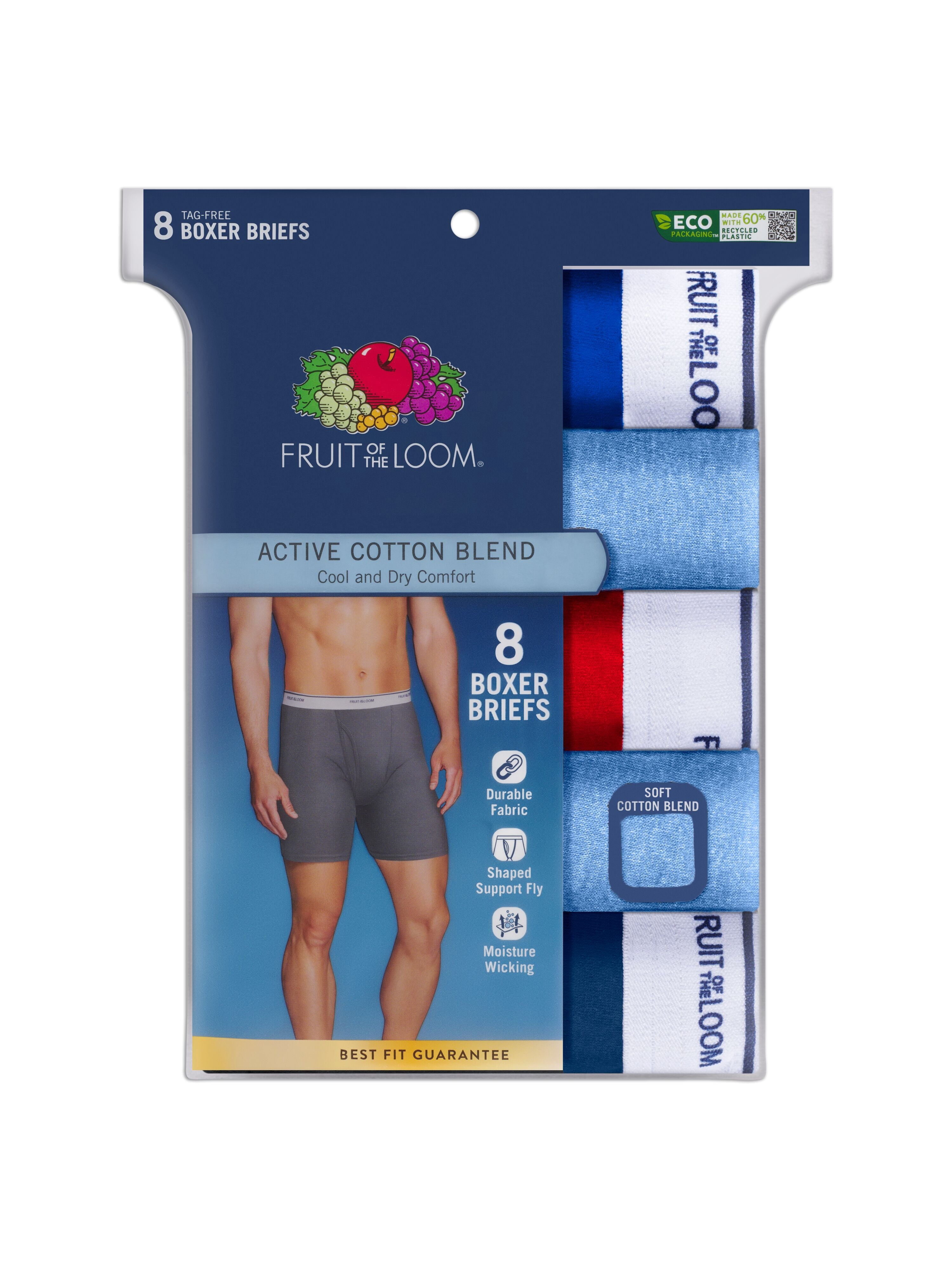 Fruit of the Loom Men's Active Cotton Blend Boxer Briefs, 8-Pack, Sizes S-XL